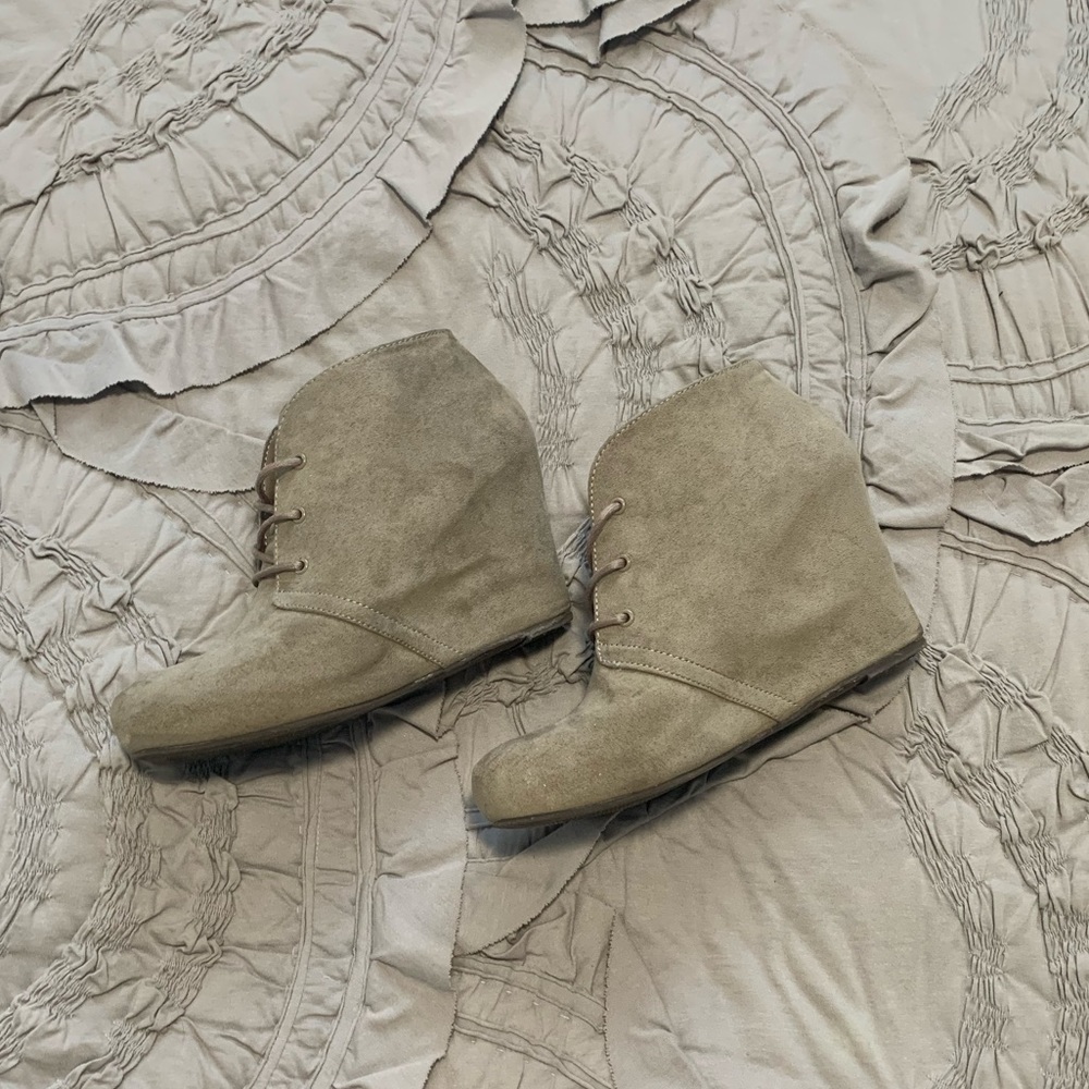 Xappeal tan suede lace up wedge booties.